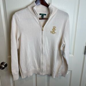 New Lauren Ralph Lauren Ivory Zip-Up with Gold Crown Emblem 2X
